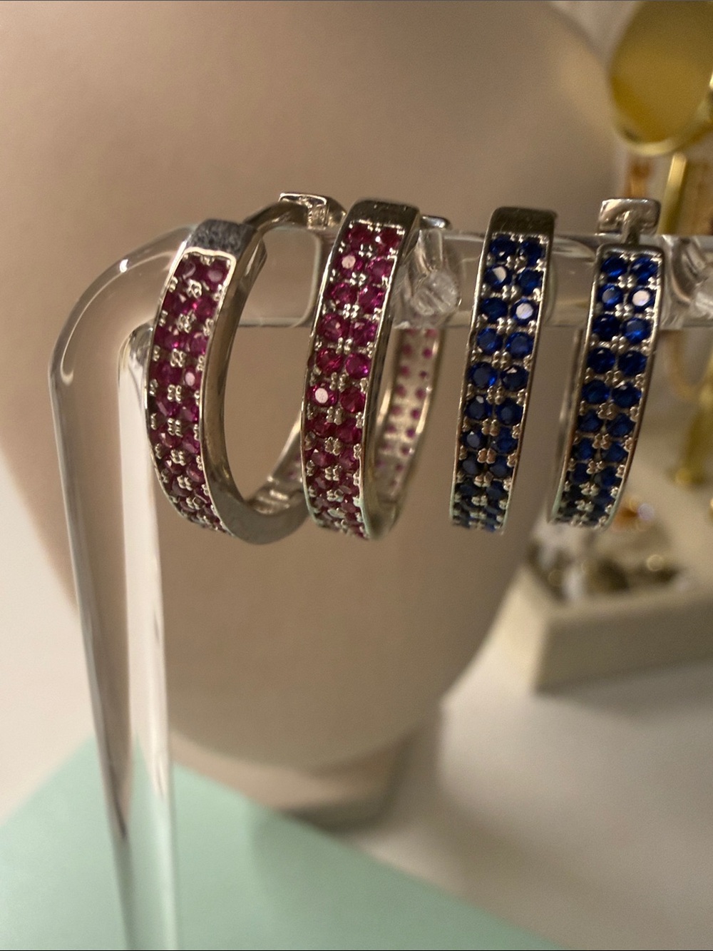Sterling Silver Hoop-Huggie Earrings with Pink and Blue Moissanite Set